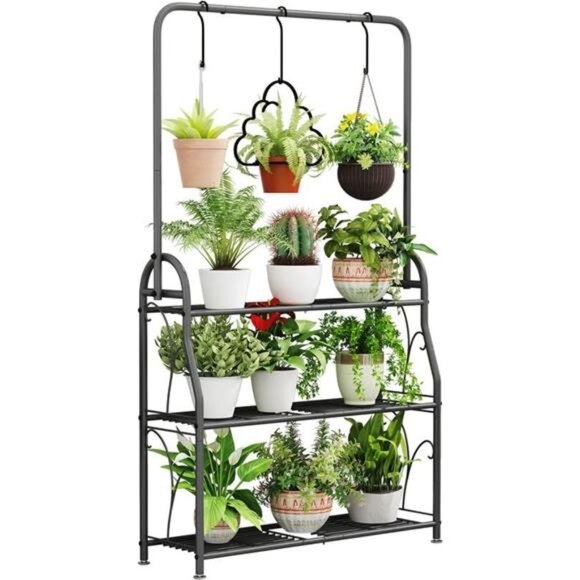 Plant Stand 3 Tier Indoor Outdoor Tall Corner Hanging Plant Shelf Metal Stands - Picture 1 of 7